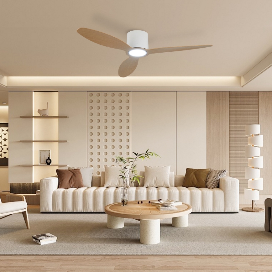 ZEVENTI - Ventilador de techo LED regulable VENTORA LED/24W/230V 3000/4000/6000K Wi-Fi Tuya blanco/roble + control remoto