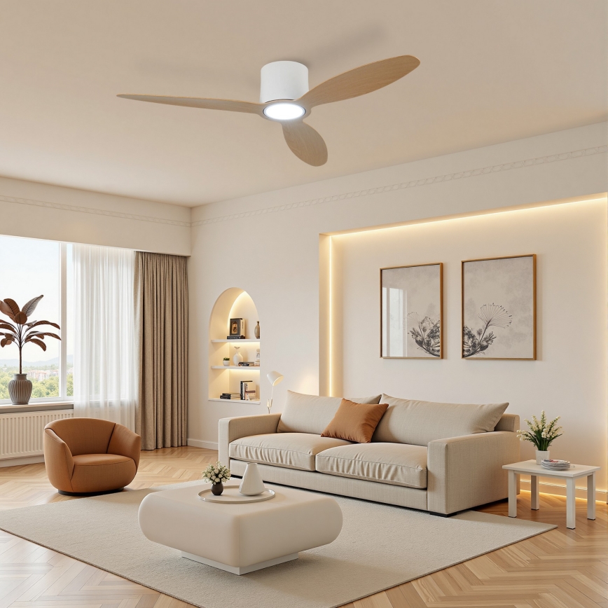 ZEVENTI - Ventilador de techo LED regulable VENTORA LED/24W/230V 3000/4000/6000K Wi-Fi Tuya blanco/roble + control remoto