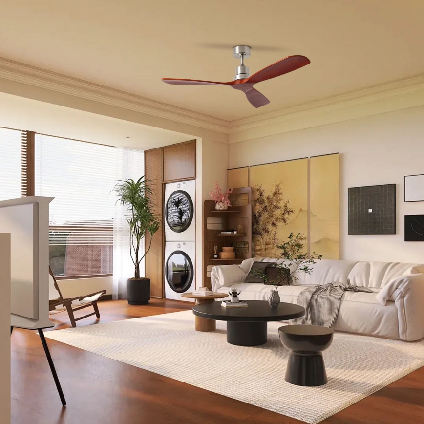 ZEVENTI - Ventilador de techo LIONI Wi-Fi Tuya cromo mate/roble + mando a distancia
