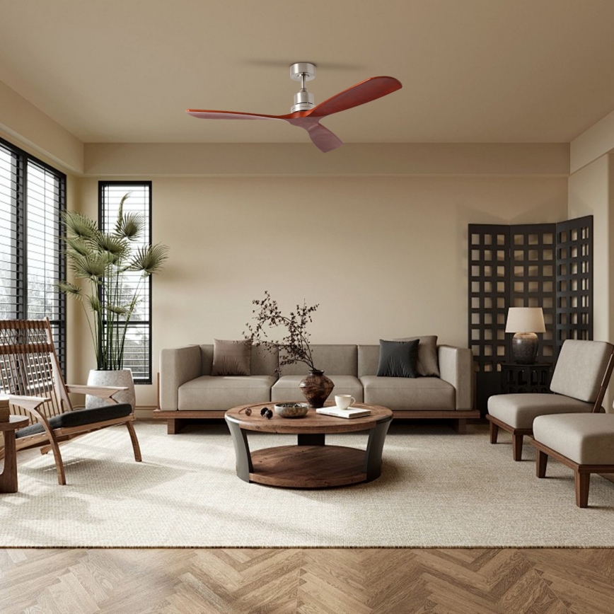 ZEVENTI - Ventilador de techo LIONI Wi-Fi Tuya cromo mate/roble + mando a distancia