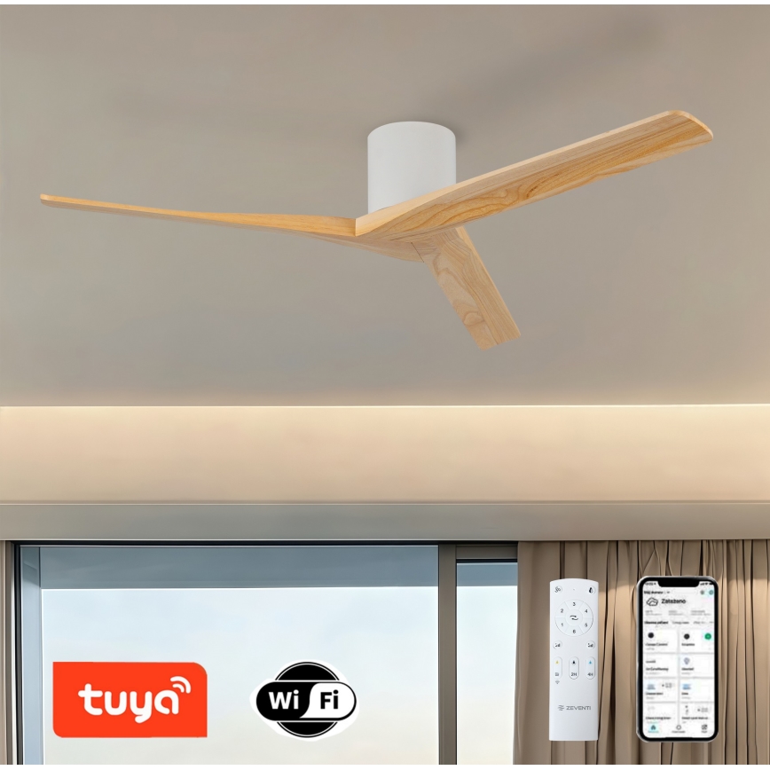 ZEVENTI - Ventilador de techo VELLON Wi-Fi Tuya blanco/paulownia + mando a distancia