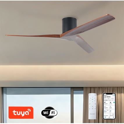 ZEVENTI - Ventilador de techo VELLON Wi-Fi negro/nogal + control remoto