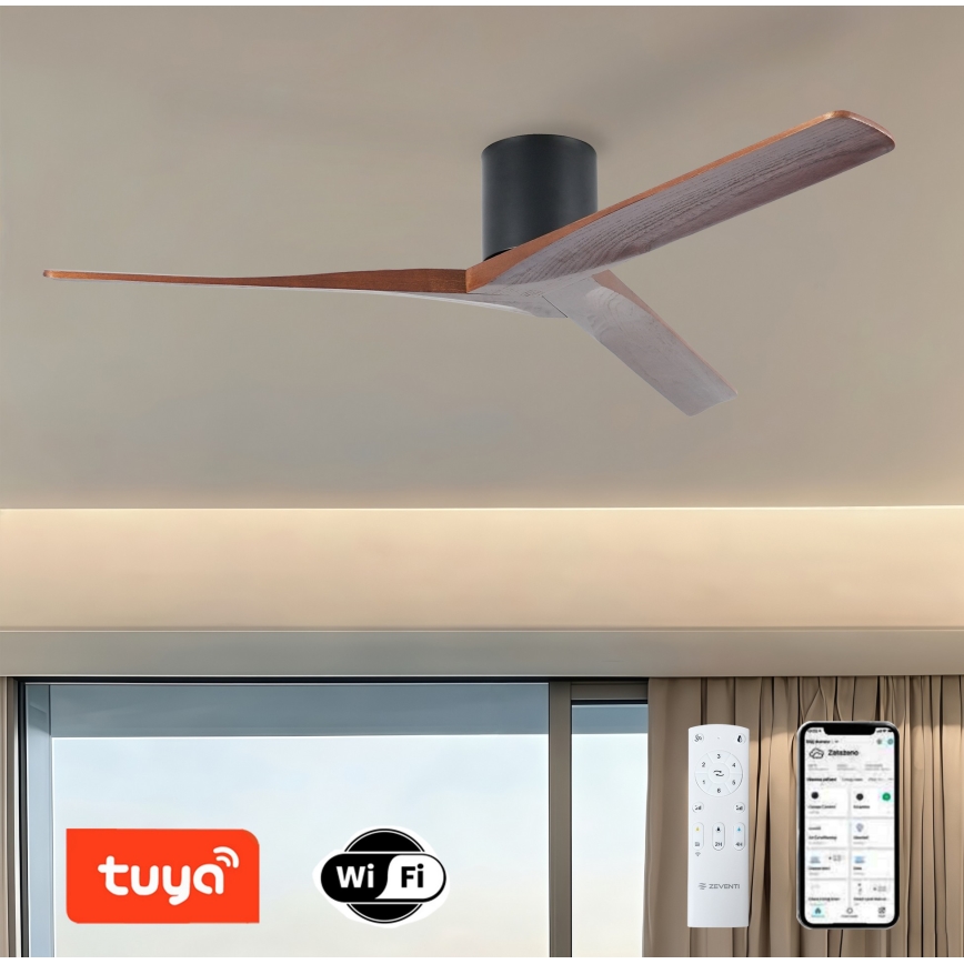 ZEVENTI - Ventilador de techo VELLON Wi-Fi negro/nogal + control remoto