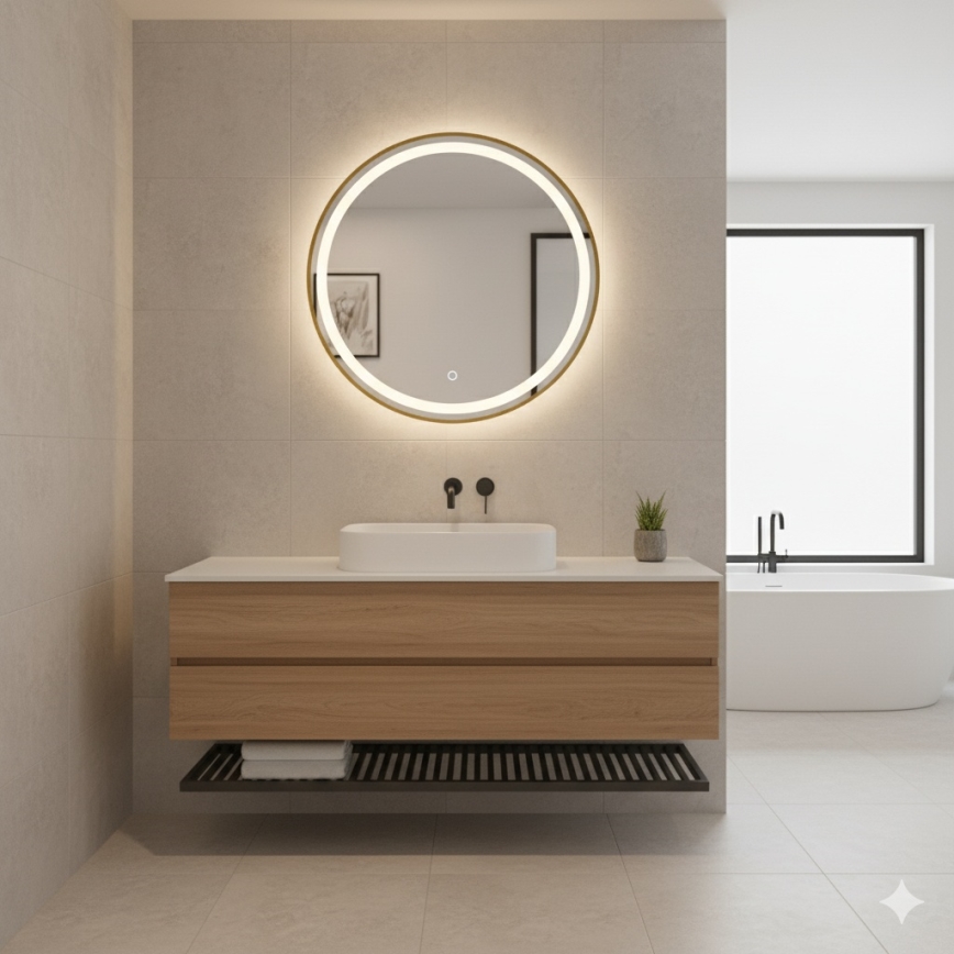 Zuma Line - Espejo de pared para baño con iluminación LED integrada/36W/230V/3000/4000/6000K/Ø 80 cm/IP44/dorado