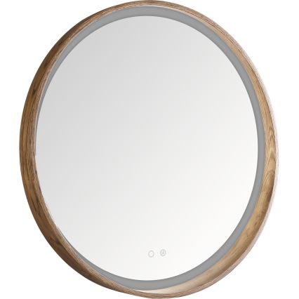 Zuma Line - Espejo calefactable de pared para baño retroiluminado LED, 36W, 230V, 3000/4000/6000K, Ø 80 cm, IP44, roble