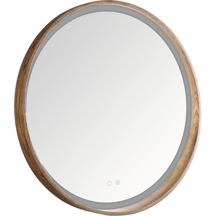 Zuma Line - Espejo calefactable de pared para baño retroiluminado LED, 36W, 230V, 3000/4000/6000K, Ø 80 cm, IP44, roble