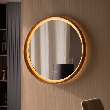 Zuma Line - Espejo calefactable de pared para baño retroiluminado LED, 36W, 230V, 3000/4000/6000K, Ø 80 cm, IP44, roble